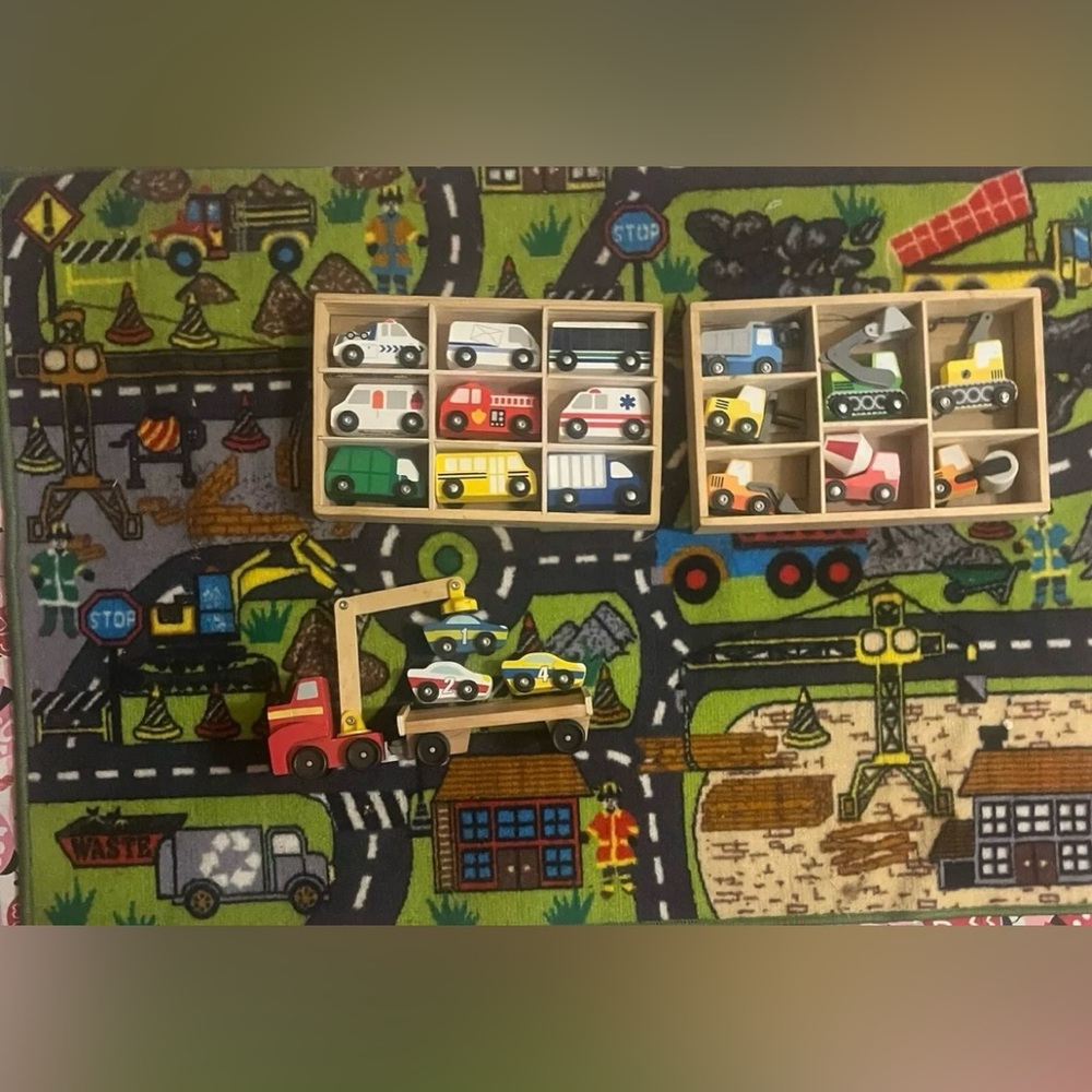 Melissa And Doug Wooden Cars, Car Loader And Town Rug Lot Kids Toys EUC